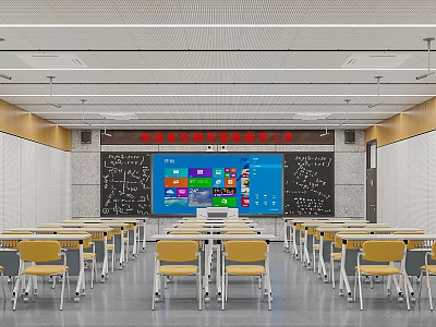 Modern Smart School Classroom With Multimedia Screen Neat Desks Chairs And Lighting 3d model