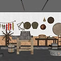 Traditional Woven Decorations and Vintage Tools in Rustic Display Room