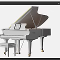 Elegant Black and White Grand Pianos with Matching Benches and Music Sheets