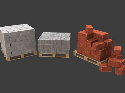 White Gray and Red Bricks Stacked on Wooden Pallets with Scattered Red Pieces 3d model White Gray and Red Bricks Stacked on Wooden Pallets with Scattered Red Pieces 3d model