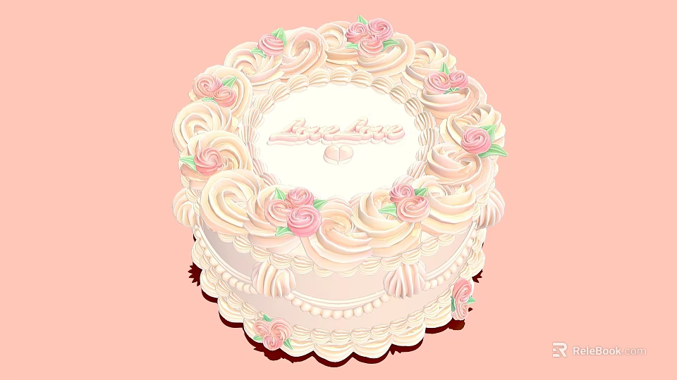 Love Themed Cake With Pink White Swirled Cream And Rose Decorations 3d model 