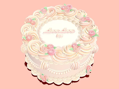 Love Themed Cake With Pink White Swirled Cream And Rose Decorations 3d model