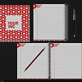 Red Patterned Cover Spiral Notebook Featuring YOUR INC Logo Lined Inner Pages and Pens 3d model