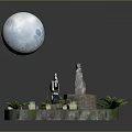 Cartoon Scene Featuring Big Moon Panda On Stone Platform With Green Grass And Plants