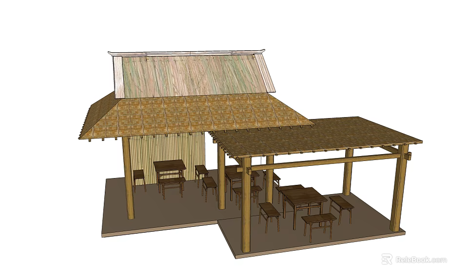 Traditional Pavilion With Thatched Roof And Wooden Structure For Outdoor Dining Tables And Chairs 3d model 