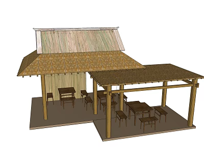 Traditional Pavilion With Thatched Roof And Wooden Structure For Outdoor Dining Tables And Chairs 3d model
