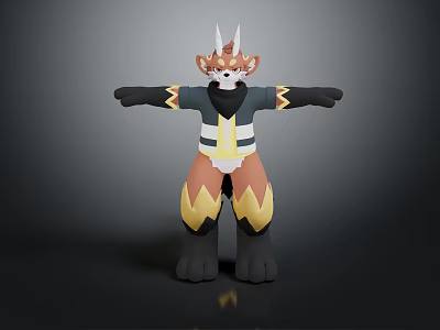 Animated Game Character With Brown Fur White Horns Black Yellow Outfit Standing Pose 3d model