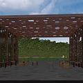 Brown Metal Pergola with Perforated Design and Benches Tables under Green Trees Blue Sky