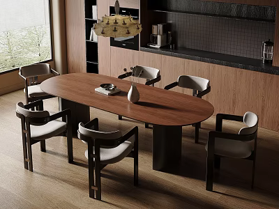 Modern Dining Area With Oval Wooden Table Chairs Pendant Light And Natural Light 3d model