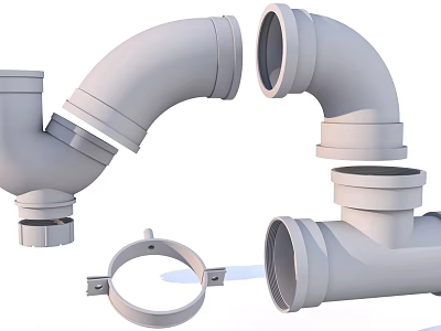 White PVC Pipe Fittings Including Elbow Tee Joint And Pipe Clamp Components 3d model
