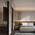 Modern Hotel Guest Room Interior With Wall Mounted TV Upholstered Bench Open Wardrobe And Bathrobe