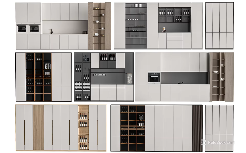 Modern Bookcase Designs With Open Shelves And Closed Cabinets In Various Colors 3d model 