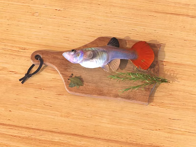 Colorful Freshwater Fish with Red Tail on Wooden Cutting Board and Green Leaf Herbs 3d model