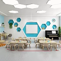 Kindergarten Classroom Interior With Hexagonal Wall Decor Tables And Piano 3d model