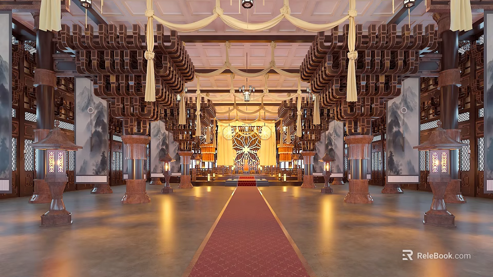 Traditional Hotel Lobby Interior With Wooden Chandeliers Red Carpet And Decorative Columns 3d model 