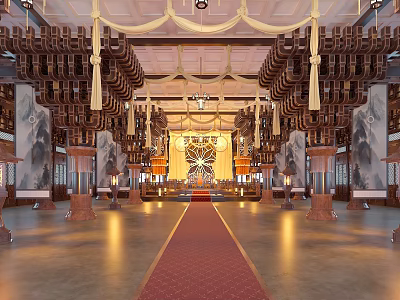 Traditional Hotel Lobby Interior With Wooden Chandeliers Red Carpet And Decorative Columns 3d model