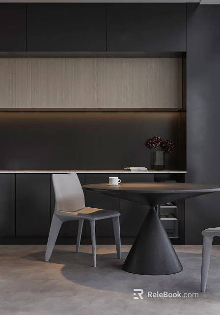 Elegant Modern Kitchen Interior Dining Set With Round Table Gray Chairs And Dark Backdrop 3d model