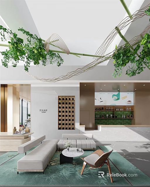 Modern Casual Lounge Area With Hanging Green Plants Rattan Decorations Cozy Sofa And Bar Counter 3d model 