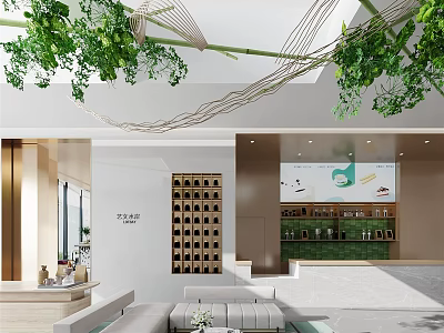 Modern Casual Lounge Area With Hanging Green Plants Rattan Decorations Cozy Sofa And Bar Counter 3d model