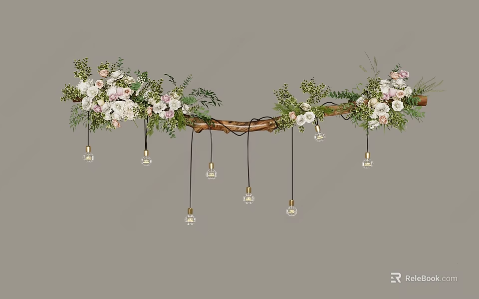 Rustic Branch Chandelier With Pink And White Flowers And Small Hanging Bulbs 3d model 