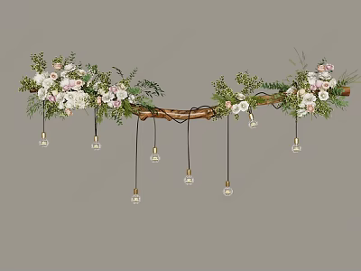 Rustic Branch Chandelier With Pink And White Flowers And Small Hanging Bulbs 3d model
