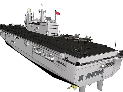 Military Aircraft Carrier Warship With Flight Deck Parked Aircraft Superstructure And Red Flag 3d model