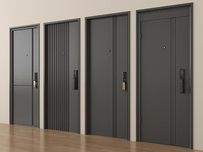 Gray Swing Doors Side by Side Against White Wall With Wooden Floor in Modern Interior 3d model