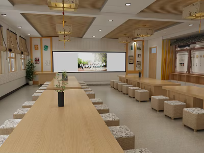 School Meeting Room With Wooden Long Tables Stool Seats Large Projection Screen And Chandeliers 3d model