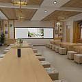 School Meeting Room With Wooden Long Tables Stool Seats Large Projection Screen And Chandeliers