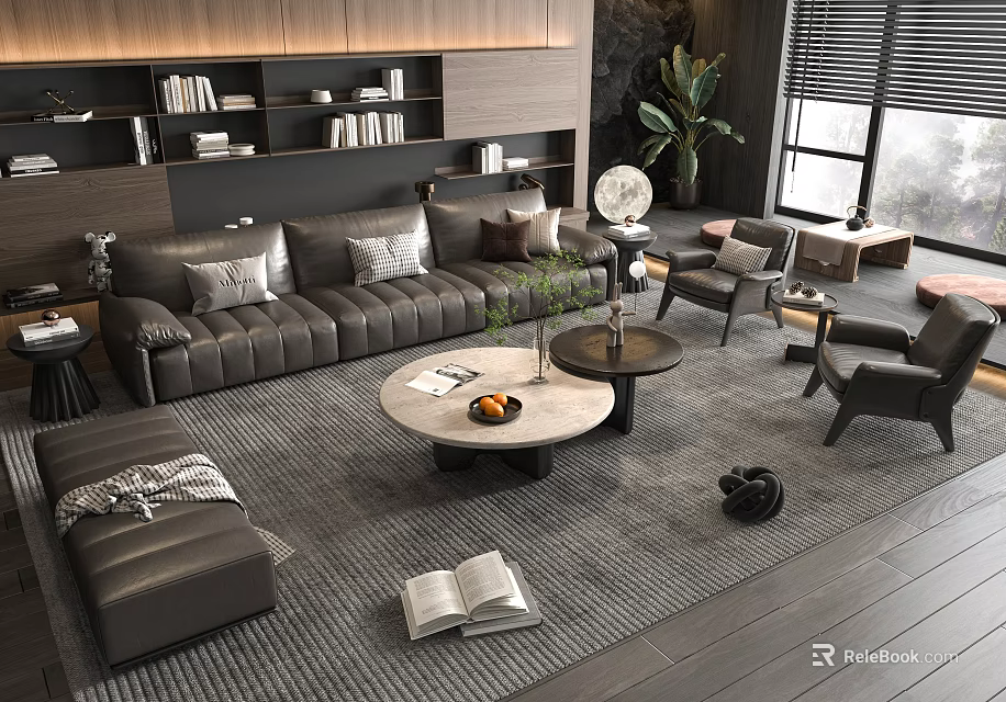 Modern Leather Sofa And Round Coffee Table Set With Accent Chairs Potted Plant Area Rug 3d model 