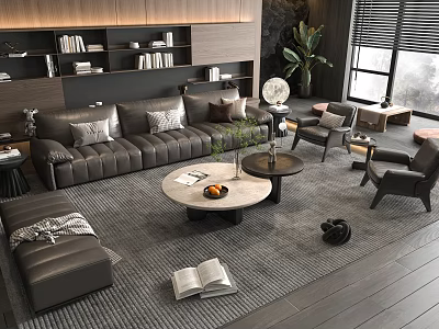 Modern Leather Sofa And Round Coffee Table Set With Accent Chairs Potted Plant Area Rug 3d model