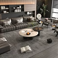 Modern Leather Sofa And Round Coffee Table Set With Accent Chairs Potted Plant Area Rug