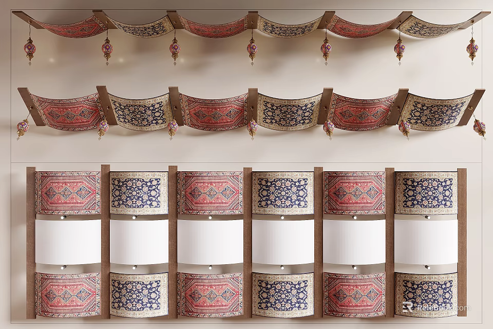 Ornate Ceiling Decoration With Patterned Fabric Elements 3d model