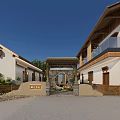 Traditional Modern Homestay Building with Tile Roof Courtyard Greenery and Wooden Elements