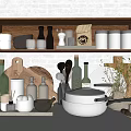 Modern Kitchen Cookware Display With Pans Knives Wooden Cutting Boards And Ceramic Dishes