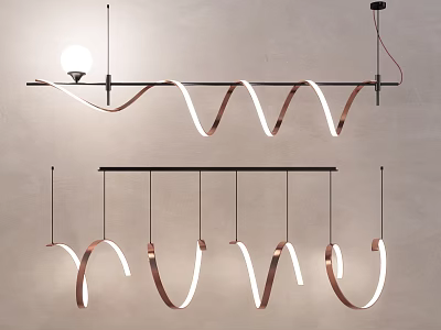 Modern Sleek Chandelier With Two Parts Long Black Frames Curved Copper Strips Rings White Lighting 3d model