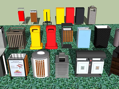 Public Facilities Featuring Various Trash Bins With Different Colors And Designs 3d model