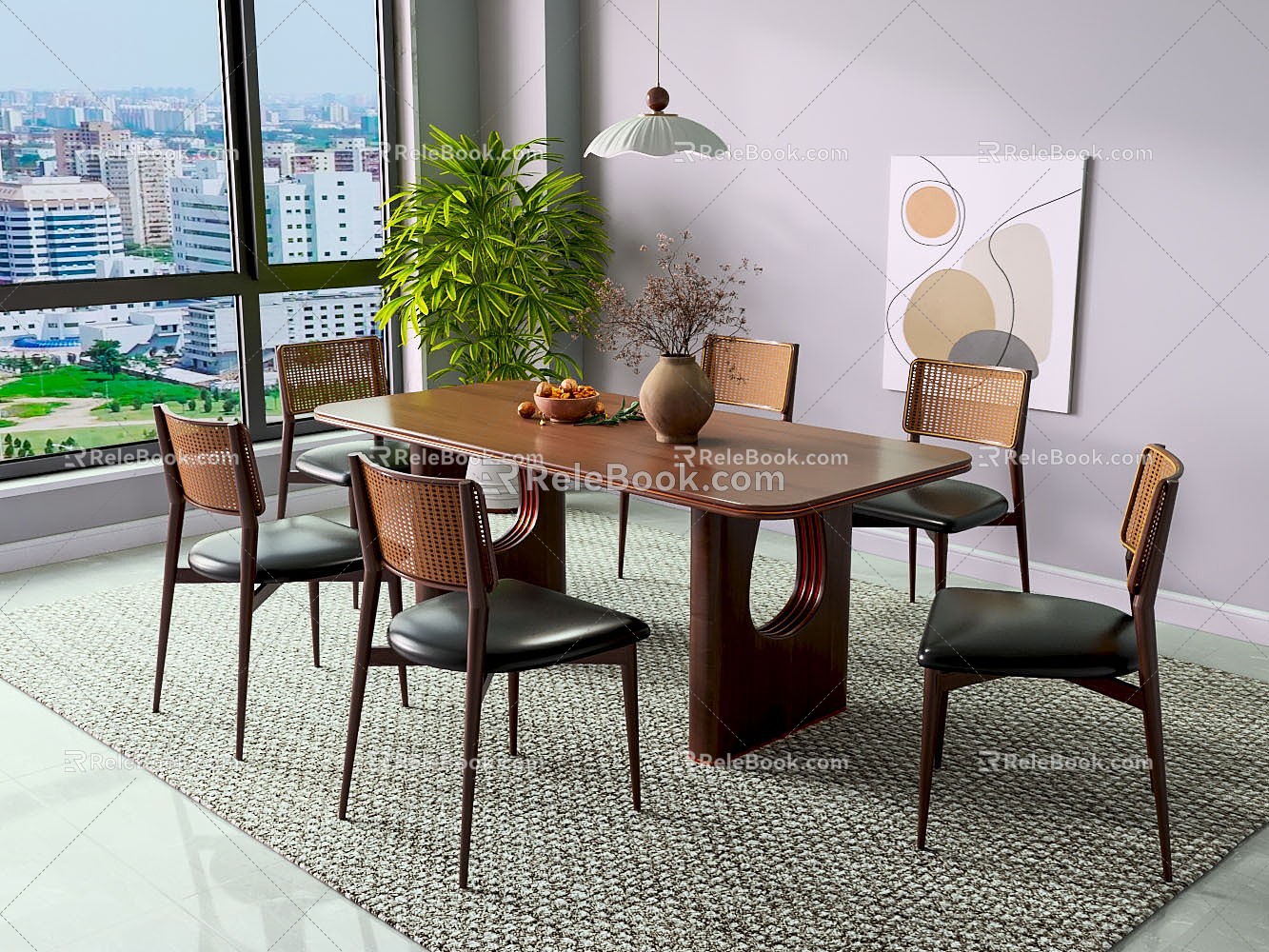 Modern solid wood dining table and chair combination 3d model