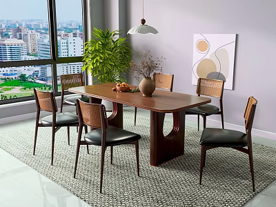 Modern Wooden Dining Table Set With Leather Chairs And City View Through Large Window 3d model
