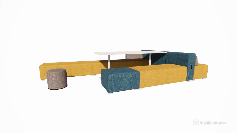 Modern Public Seating With Yellow And Blue Modular Sofa And White Table 3d model