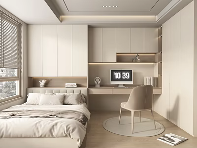 Tatami Bedroom Interior Design With Tatami Bed White Cabinets And Desk Chair 3d model