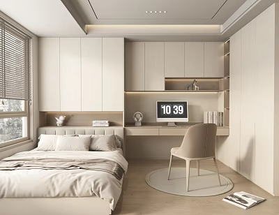Tatami Bedroom Interior Design With Tatami Bed White Cabinets And Desk Chair 3d model