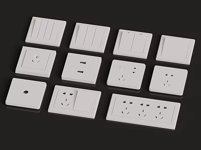 Assorted White Electrical Switches And Wall Sockets With Different Designs 3d model
