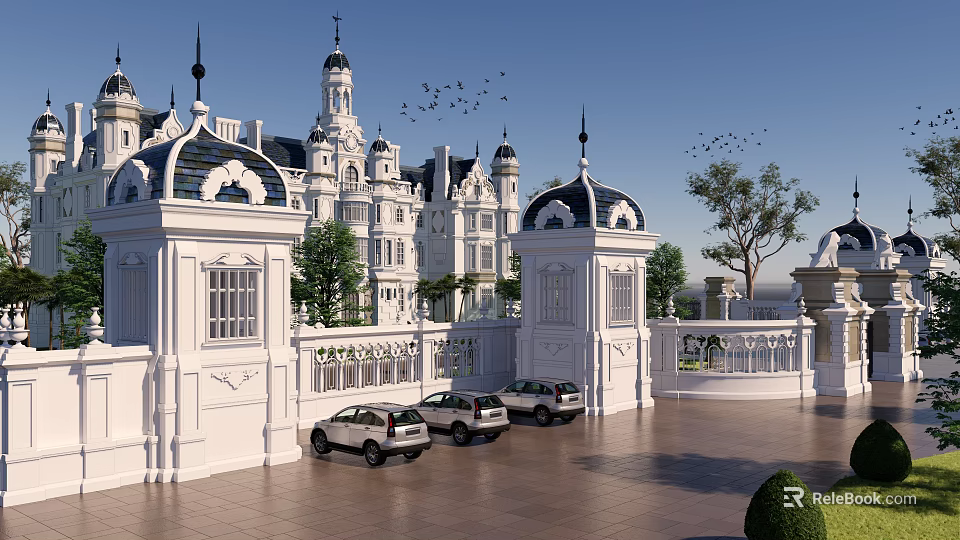 Ancient European Classical Architecture With Spires Towers White Fences White Cars Trees And Flying Birds 3d model 