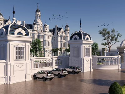 Ancient European Classical Architecture With Spires Towers White Fences White Cars Trees And Flying Birds 3d model