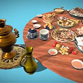 Assorted Delicious Foods on Round Wooden Table with Meats Fruits Pastries Sauces and Golden Teapot