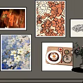 Photo Wall Decor Featuring Various Artworks Floral Prints City Night Scene And Food Themed Paintings