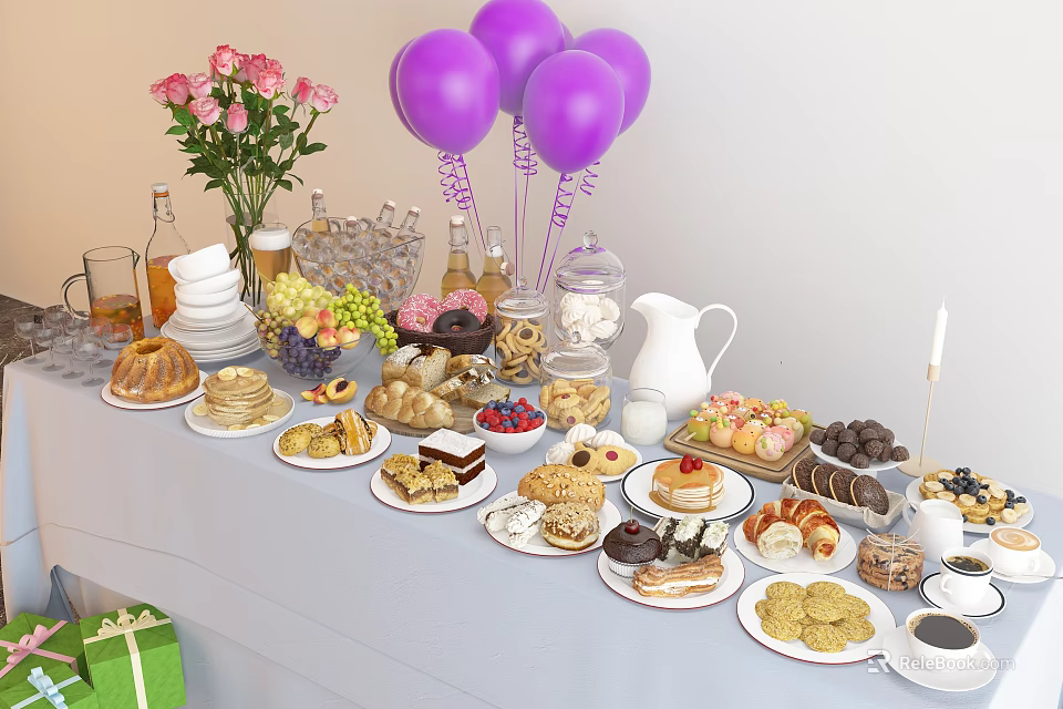 Assorted Desserts and Snacks Table with Fruits Drinks Balloons and Flowers 3d model 
