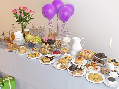 Assorted Desserts and Snacks Table with Fruits Drinks Balloons and Flowers 3d model