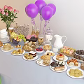 Assorted Desserts and Snacks Table with Fruits Drinks Balloons and Flowers